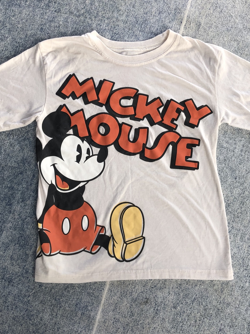Disney White Mickey Mouse Tee with Red and Yellow Graphics